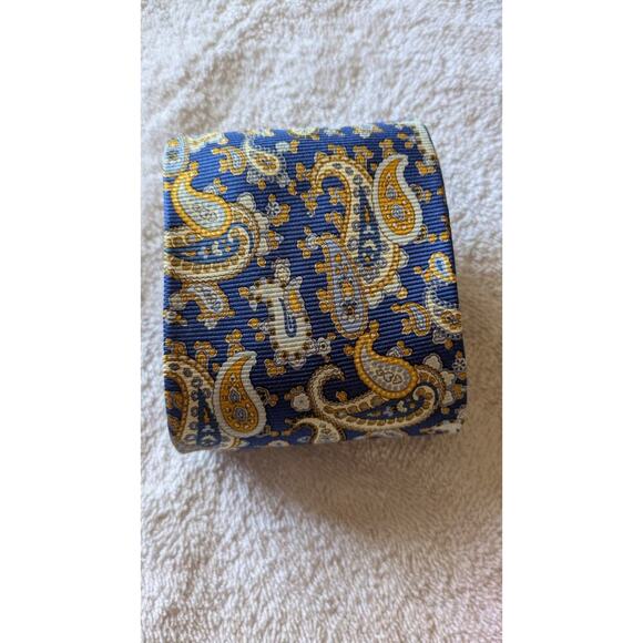 Paul Fredrick Blue & Yellow/Gold Paisley Silk Hand Tailored Tie, - Picture 1 of 4